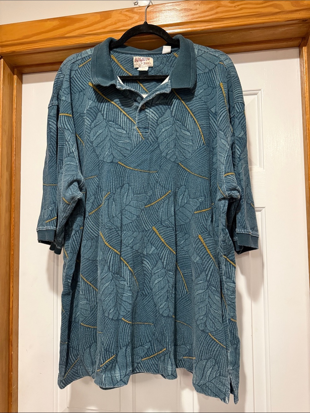 Bungalow Teal Leaf-Print Long Sleeve Polo Dress